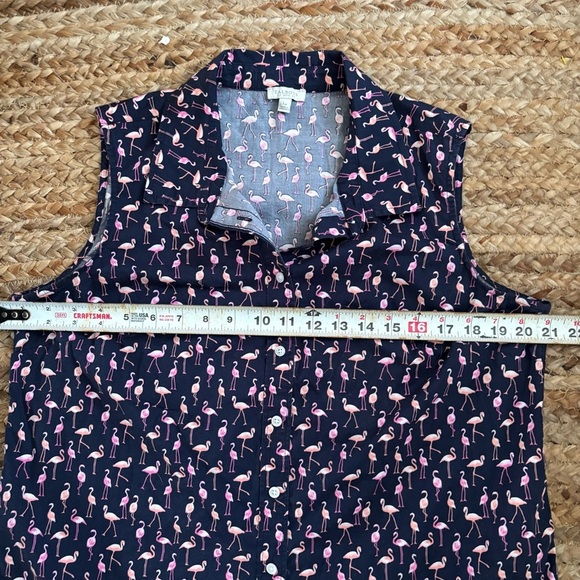 Talbots Large Petite Blue & Pink Flamingo Button Down Tank Top - Picture 2 of 6